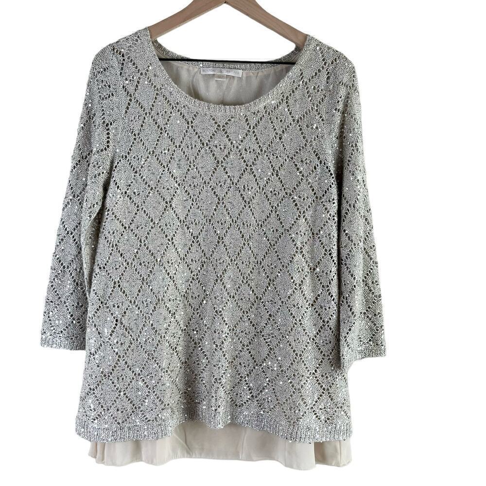 Boston Proper Sequin Embellished Open Knit Sweater Chiffon Lining in Cream, Sz M